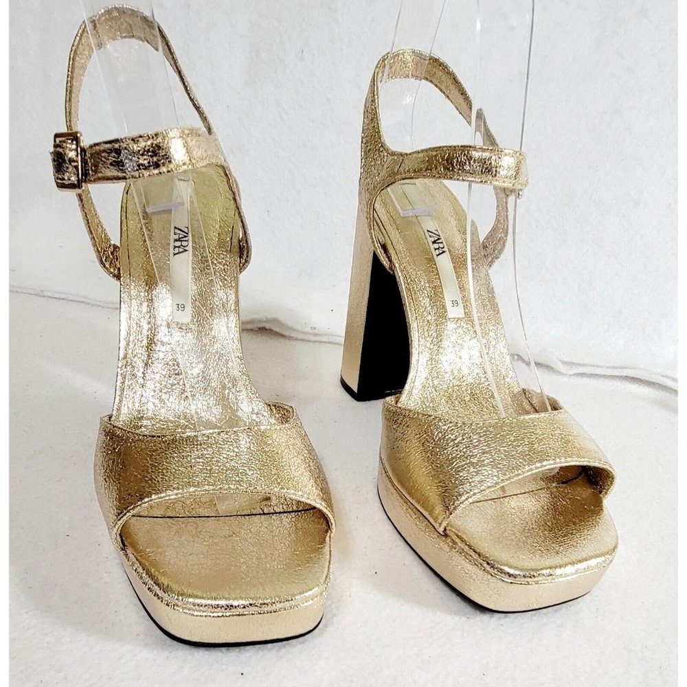 Zara Womens Gold Metallic Platforms Sandals Ultra High Block Heels Size 39 - Picture 7 of 16